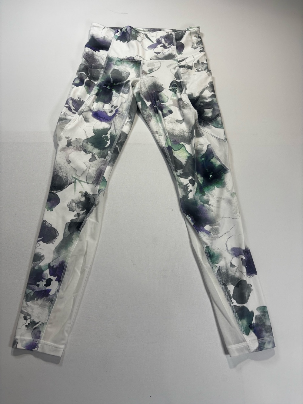 Athleta White Leggings with Green and Purple Watercolor Floral Print